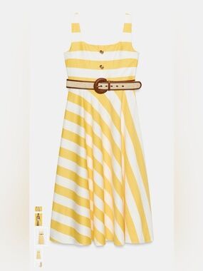 Zara Yellow and White Striped Belted Midi Dress
